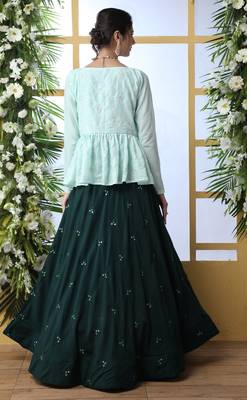 Dark Green Sequince Embroidered Maslin Cotton Semi Stitched bridal lehenga Choli With Koti 2