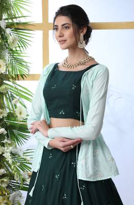 Dark Green Sequince Embroidered Maslin Cotton Semi Stitched bridal lehenga Choli With Koti 3