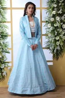Sky Blue Thread With Sequince Embroidered Art Silk Semi Stitched bridal lehenga Choli With Koti