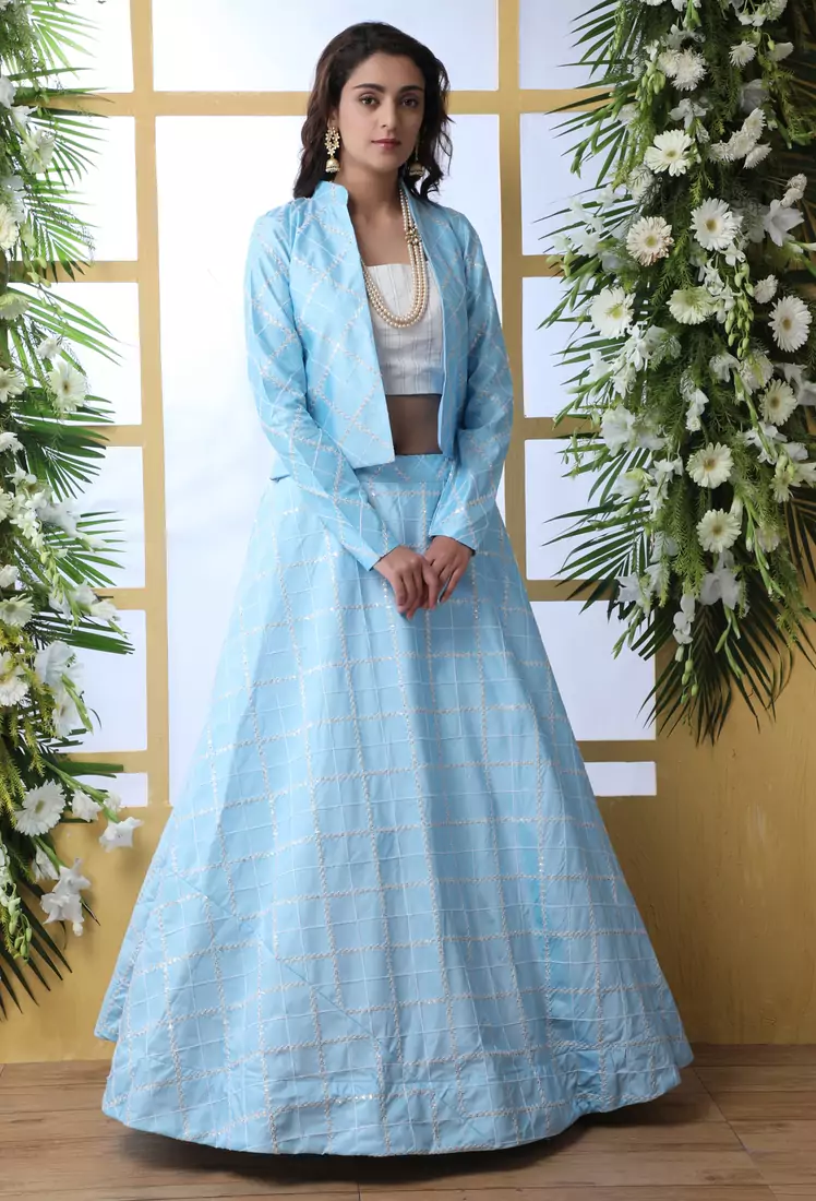 Sky Blue Thread With Sequince Embroidered Art Silk Semi Stitched bridal lehenga Choli With Koti