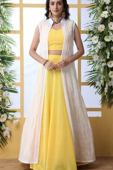 Yellow Thread With Sequince Embroidered Georgette Semi Stitched bridal lehenga Choli With Koti