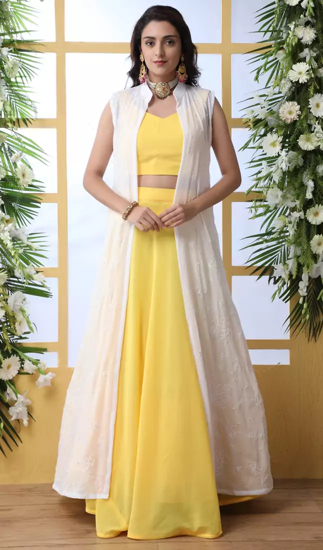 Yellow Thread With Sequince Embroidered Georgette Semi Stitched bridal lehenga Choli With Koti