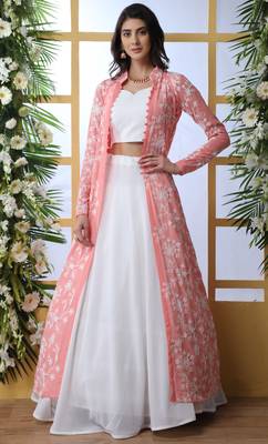 Spectacular White Colored Plain Georgette Semi Stitched Party wear Lehenga Choli With Thread Embroidered Jacket 1