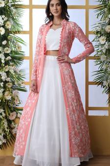 White Thread Embroidered Work Georgette Semi Stitched bridal lehenga Choli With Pink Koti