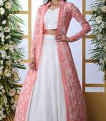 Spectacular White Colored Plain Georgette Semi Stitched Party wear Lehenga Choli With Thread Embroidered Jacket