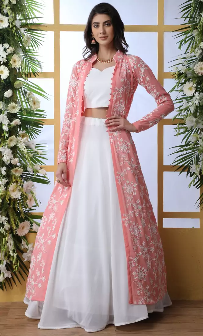 White Thread Embroidered Work Georgette Semi Stitched bridal lehenga Choli With Pink Koti