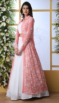 Spectacular White Colored Plain Georgette Semi Stitched Party wear Lehenga Choli With Thread Embroidered Jacket 4
