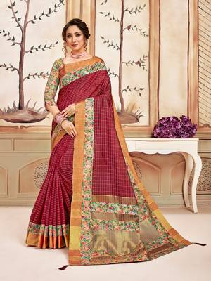 Red Cotton Checks Printed Designer Saree 1