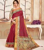 Red Cotton Checks Printed Designer Saree