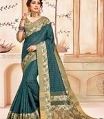 Teal Cotton Checks Printed Designer Saree