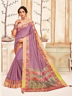 Pink Cotton Checks Printed Designer Saree 1