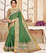 Green Cotton Checks Printed Designer Saree