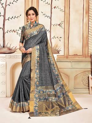 Grey Cotton Checks Printed Designer Saree 1