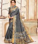Grey Cotton Checks Printed Designer Saree