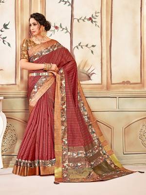 Red Cotton Checks Printed Designer Saree 1