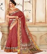 Red Cotton Checks Printed Designer Saree
