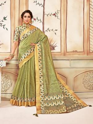 Green Cotton Checks Printed Designer Saree 1
