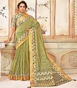 Green Cotton Checks Printed Designer Saree