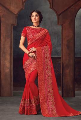 Red Poly Silk Heavy Embroidered Work Designer Saree 1