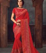 Red Poly Silk Heavy Embroidered Work Designer Saree