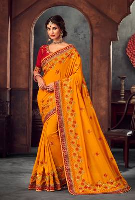 Mustard Poly Silk Heavy Embroidered Work Designer Saree 1