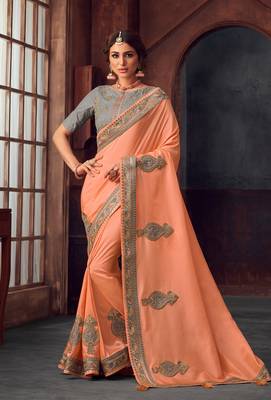 Peach Poly Silk Heavy Embroidered Work Designer Saree 1