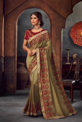Olive Poly Silk Heavy Embroidered Work Designer Saree 1