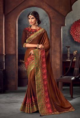 Brown Poly Silk Heavy Embroidered Work Designer Saree 1
