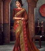 Brown Poly Silk Heavy Embroidered Work Designer Saree