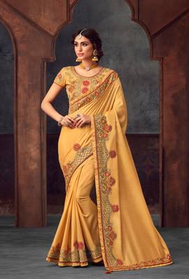 Yellow Poly Silk Heavy Embroidered Work Designer Saree 1