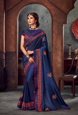 Blue Poly Silk Heavy Embroidered Work Designer Saree 1