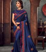 Blue Poly Silk Heavy Embroidered Work Designer Saree