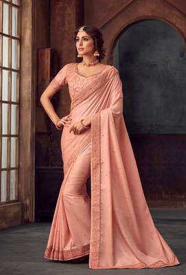 Pink Poly Silk Heavy Embroidered Work Designer Saree 1