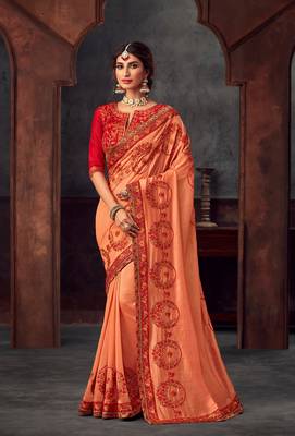 Orange Poly Silk Heavy Embroidered Work Designer Saree 1