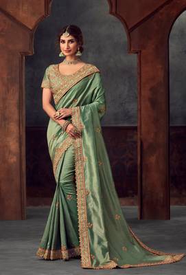Green Poly Silk Heavy Embroidered Work Designer Saree 1