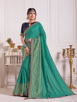 Green Poly Silk Embroidered Fancy Designer Saree 1