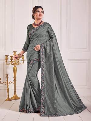 Grey Poly Silk Embroidered Fancy Designer Saree 1