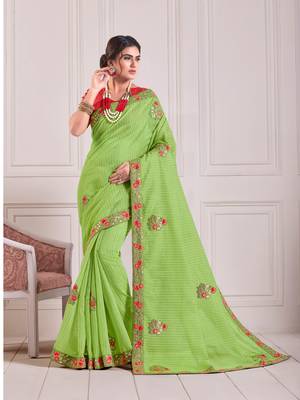 Green Cotton Embroidered Fancy Designer Saree 1
