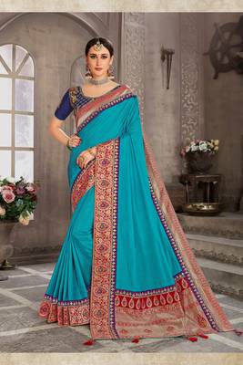 Blue Poly Silk Jacqard Pallu Fancy Designer Saree 1
