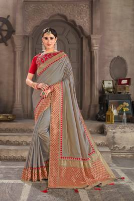 Beige Poly Silk Jacqard Pallu Fancy Designer Saree 1