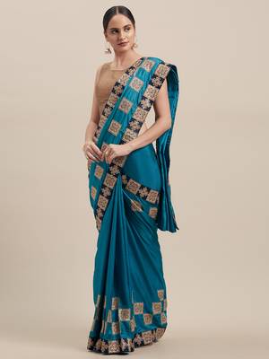 Blue Poly Silk Embroidered Fancy Designer Saree 1
