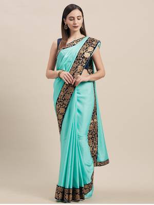 Turqouise Blue Poly Silk Big Border Fancy Designer Saree 1