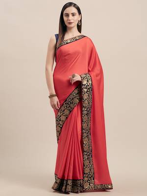 Red Poly Silk Big Border Fancy Designer Saree 1