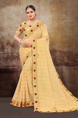 Gold Jute Silk Heavy Embroidered Work Fancy Designer Saree 1