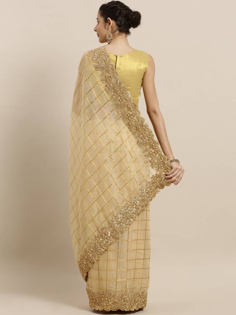 Gold Jute Silk Heavy Embroidered Work Fancy Designer Saree