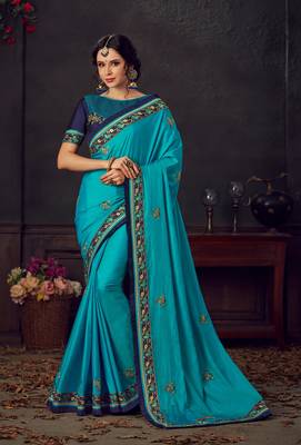 Blue Poly Silk Heavy Embroidered Work Designer Saree 1