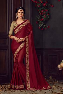 Maroon Poly Silk Heavy Embroidered Work Designer Saree 1