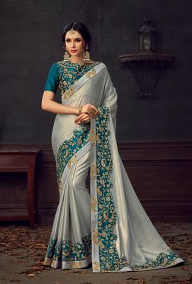 Silver Poly Silk Heavy Embroidered Work Designer Saree 1