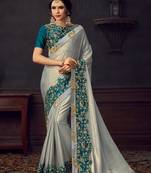 Silver Poly Silk Heavy Embroidered Work Designer Saree