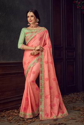 Pink Poly Silk Heavy Embroidered Work Designer Saree 1
